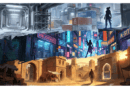 A painterly composition showcasing three Valorant maps: the icy industrial corridors of Icebox, the neon-lit urban streets of Split, and the warm, sun-drenched Moroccan architecture of Bind, each featuring a lone character silhouette.