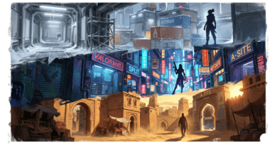 A painterly composition showcasing three Valorant maps: the icy industrial corridors of Icebox, the neon-lit urban streets of Split, and the warm, sun-drenched Moroccan architecture of Bind, each featuring a lone character silhouette.