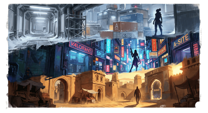 A painterly composition showcasing three Valorant maps: the icy industrial corridors of Icebox, the neon-lit urban streets of Split, and the warm, sun-drenched Moroccan architecture of Bind, each featuring a lone character silhouette.