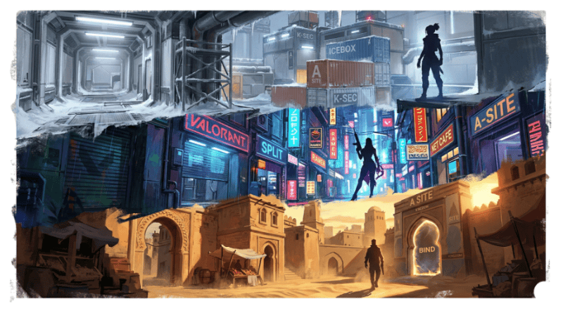A painterly composition showcasing three Valorant maps: the icy industrial corridors of Icebox, the neon-lit urban streets of Split, and the warm, sun-drenched Moroccan architecture of Bind, each featuring a lone character silhouette.